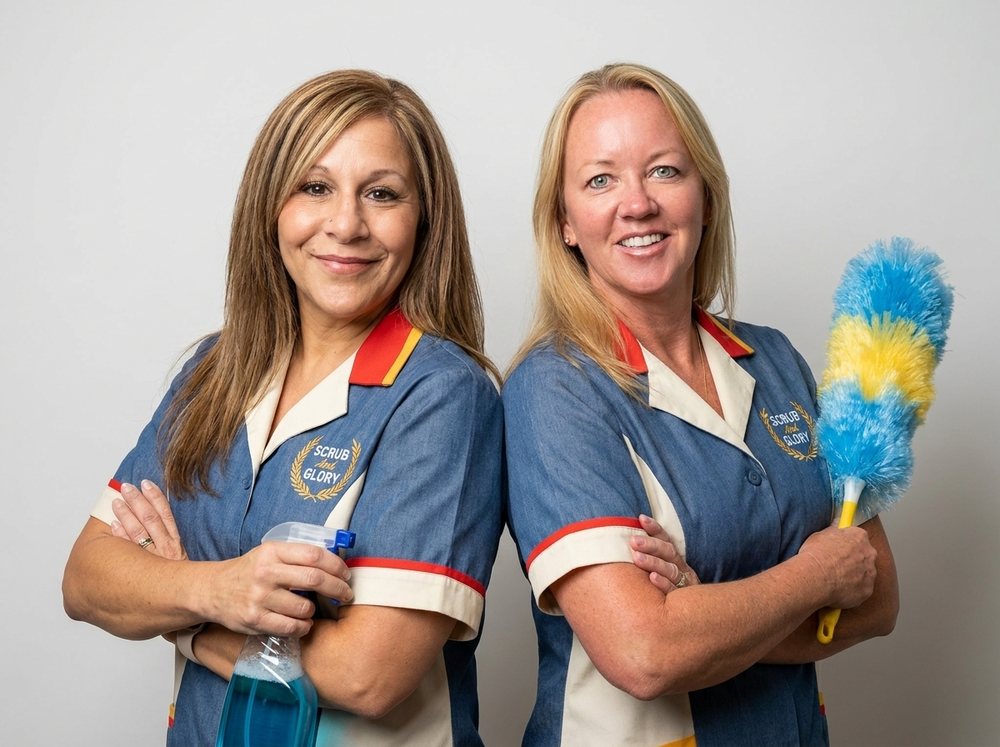 Stefanie and Kathy, the two founders of Scrub And Glory, standing back to back with arms crossed in their branded uniforms, holding a spray bottle and a duster.