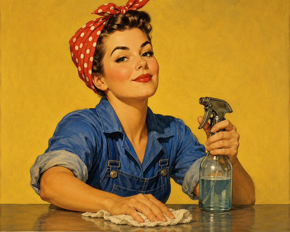 Illustration in 1940s poster style of a proud cleaning professional in a red polka-dot headscarf wiping a countertop.