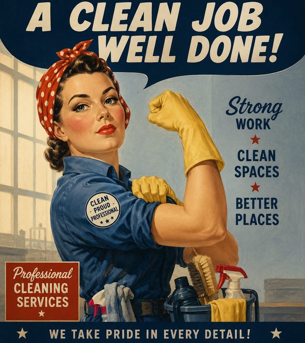 Vintage-style poster reading ‘A clean job well done’ — Scrub And Glory brand art.