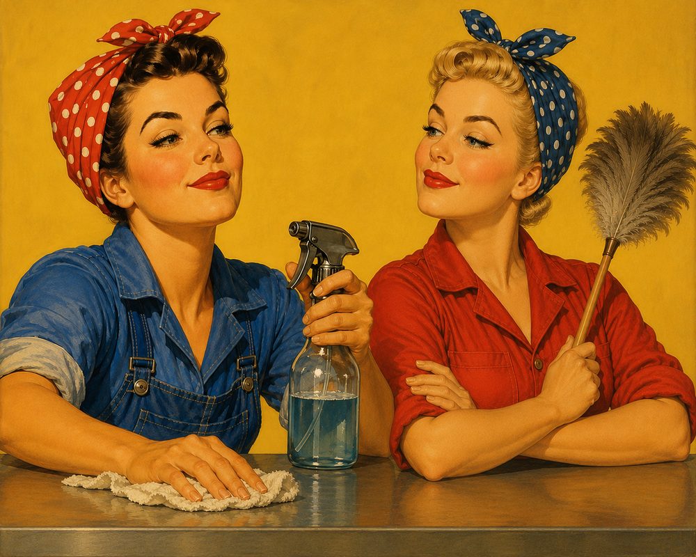 1940s poster-style illustration of two cheerful cleaning professionals — brand artwork for Scrub And Glory.